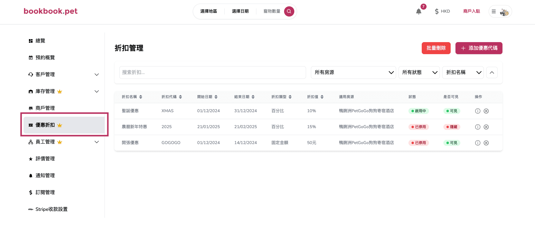 Bookbook.pet 優惠折扣管理 查看優惠折扣列表02