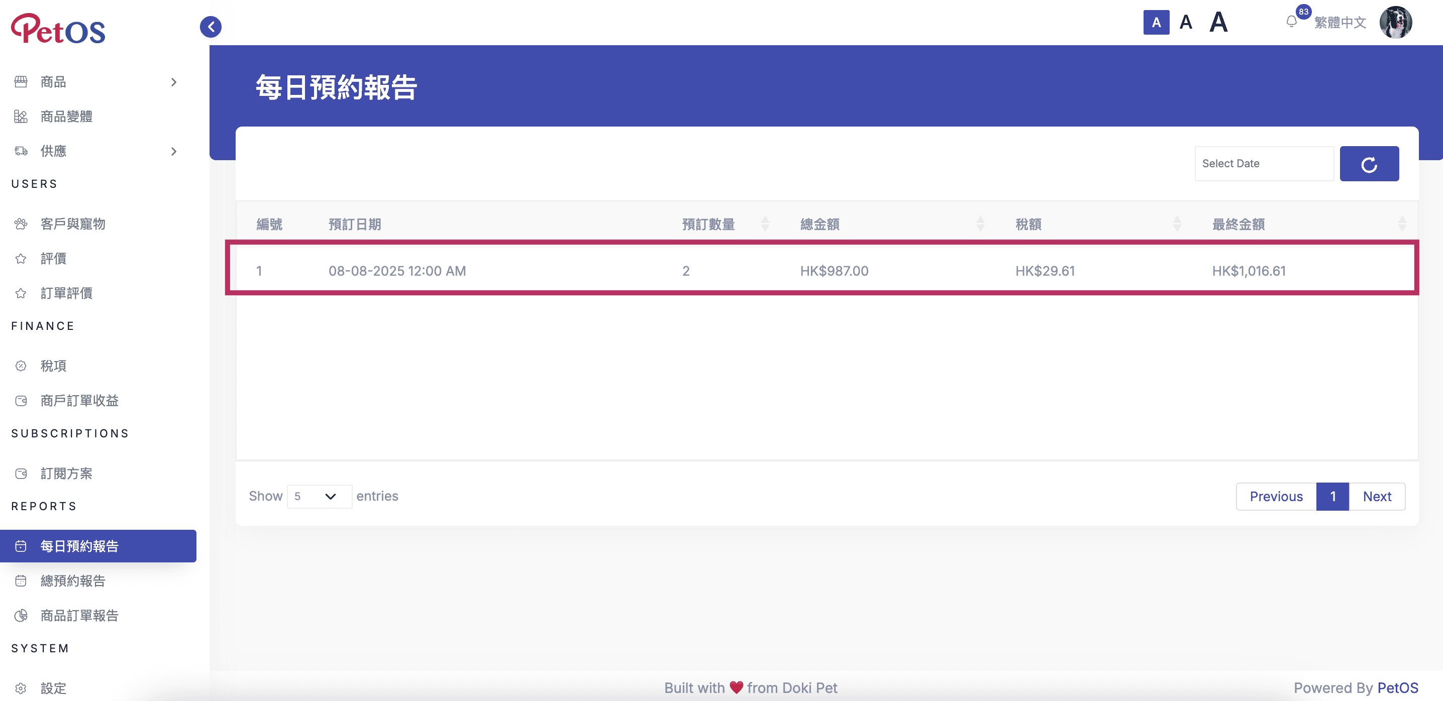 PetOS & Doki商戶版 數據報表 根據日期搜尋每日預約報告03